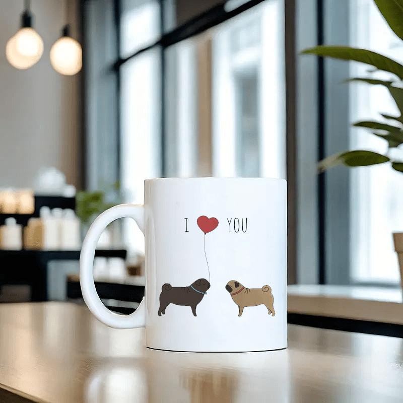 Tailorly White Ceramic 11 oz Mug - I You Adorable Fawn And Black Pugs Sharing A Red Heart Balloon Pug