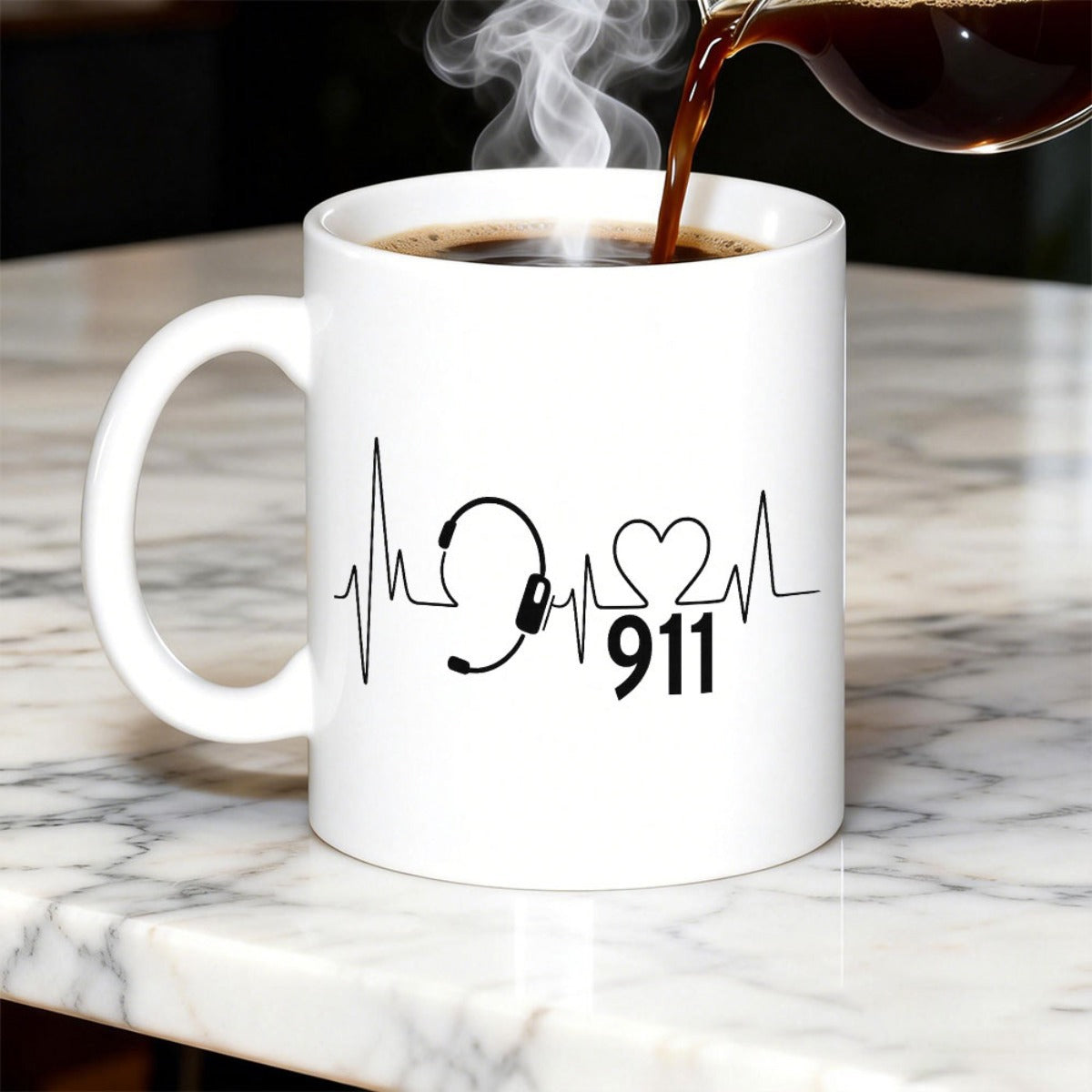 Tailorly White Ceramic 11 oz Mug - 911 Minimalist EKG Heartbeat Line Featuring Headset Icon And Symbolic Heart Shape Heartbeat