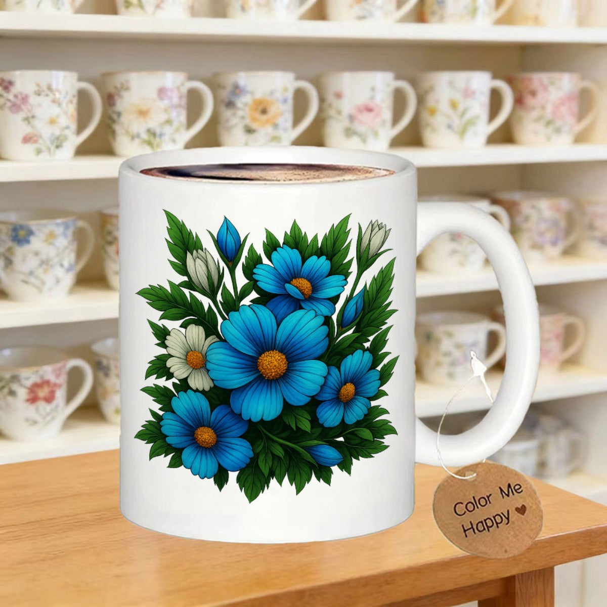 Tailorly White Ceramic 11 oz Mug - Color Me Happy Vibrant Blue Daisies Blooming Among Lush Green Leaves And Buds Flower