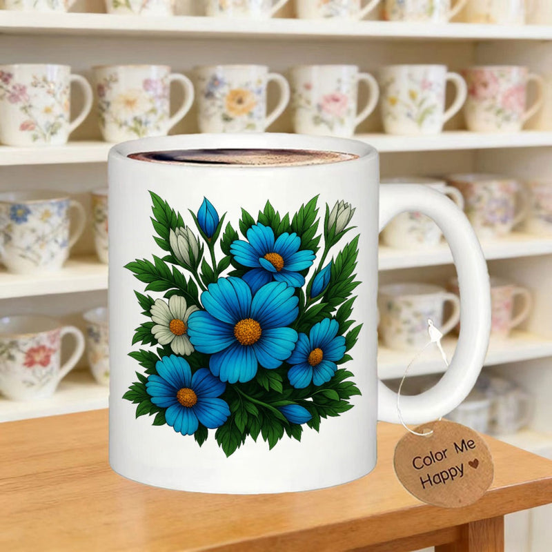 Tailorly White Ceramic 11 oz Mug - Color Me Happy Vibrant Blue Daisies Blooming Among Lush Green Leaves And Buds Flower