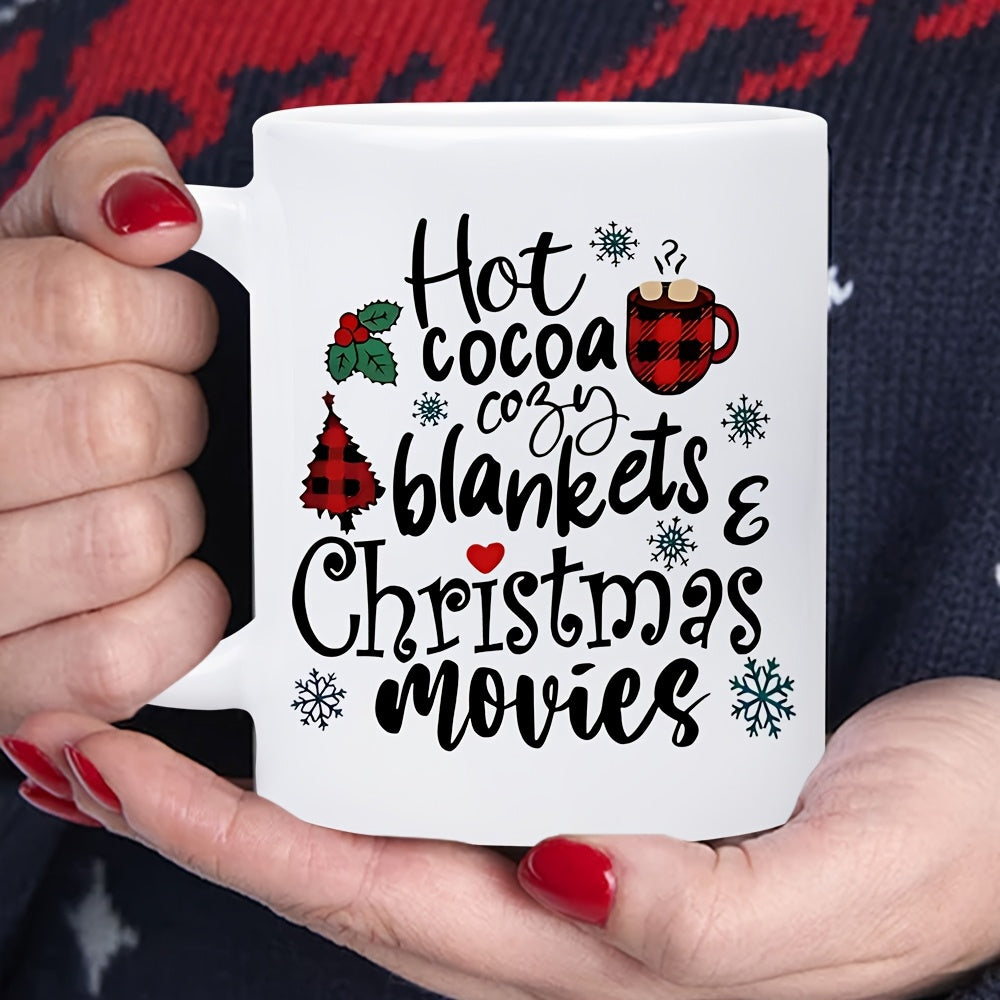 Tailorly White Ceramic 11 oz Mug - Hot Cocoa Cozy Blankets Christmas Movies Festive Seasonal Elements Including Snowflakes And Plaid Trees Mug
