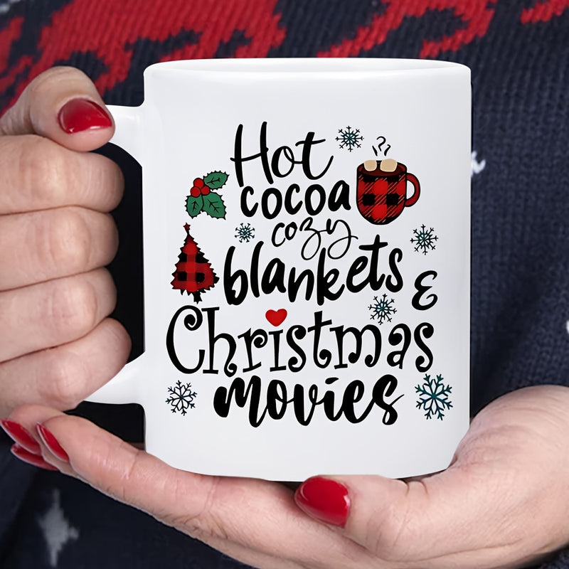 Tailorly White Ceramic 11 oz Mug - Hot Cocoa Cozy Blankets Christmas Movies Festive Seasonal Elements Including Snowflakes And Plaid Trees Mug