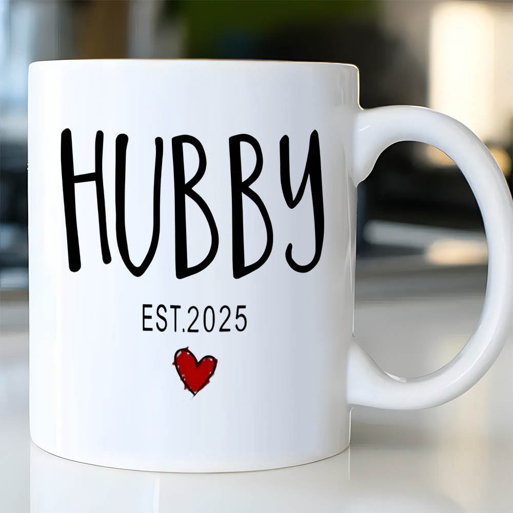 Tailorly White Ceramic 11 oz Mug - Hubby Est 2025 Simple Minimalist Design Featuring A Small Red Hand Drawn Heart