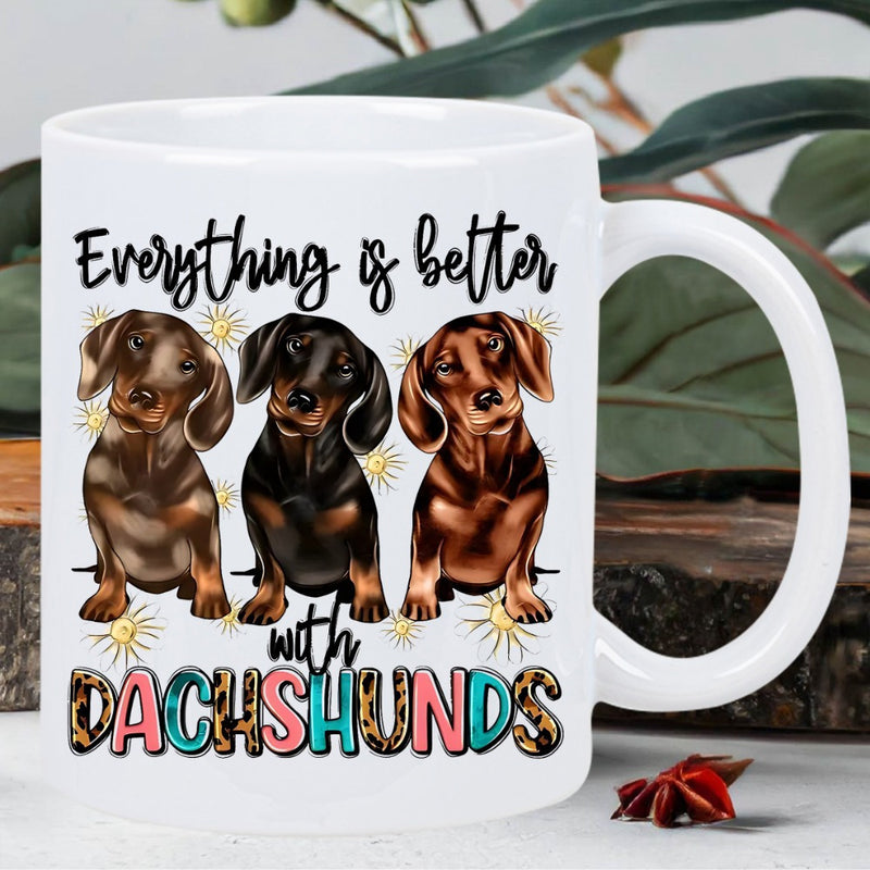 Tailorly White Ceramic 11 oz Mug - Everything Is Better With Dachshunds Three Adorable Pups Sitting Together With Decorative Patterns And Sparkling Details
