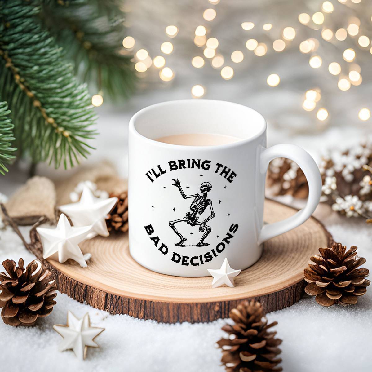 Tailorly White Ceramic 11 oz Mug - Ill Bring The Bad Decisions Dancing Black Silhouette Surrounded By Delicate Twinkling Stars And Dots Skeleton