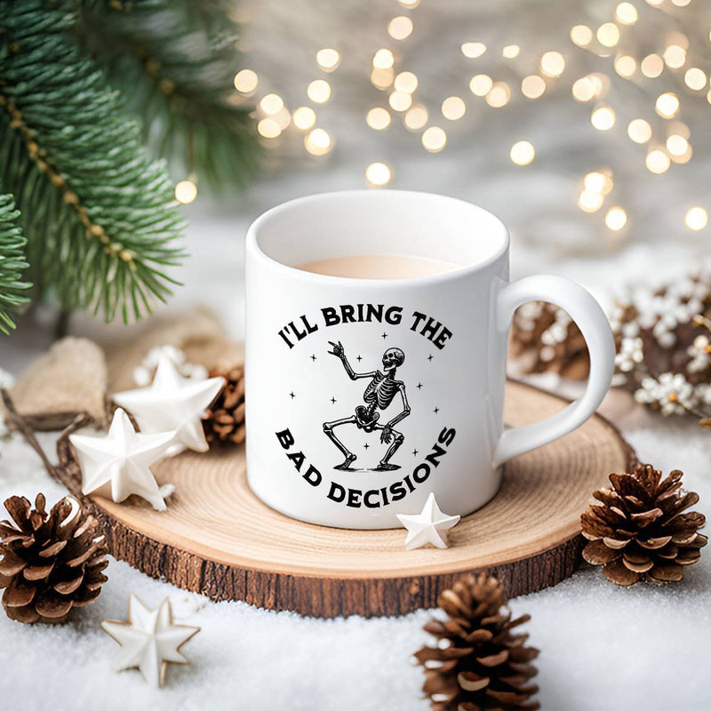 Tailorly White Ceramic 11 oz Mug - Ill Bring The Bad Decisions Dancing Black Silhouette Surrounded By Delicate Twinkling Stars And Dots Skeleton
