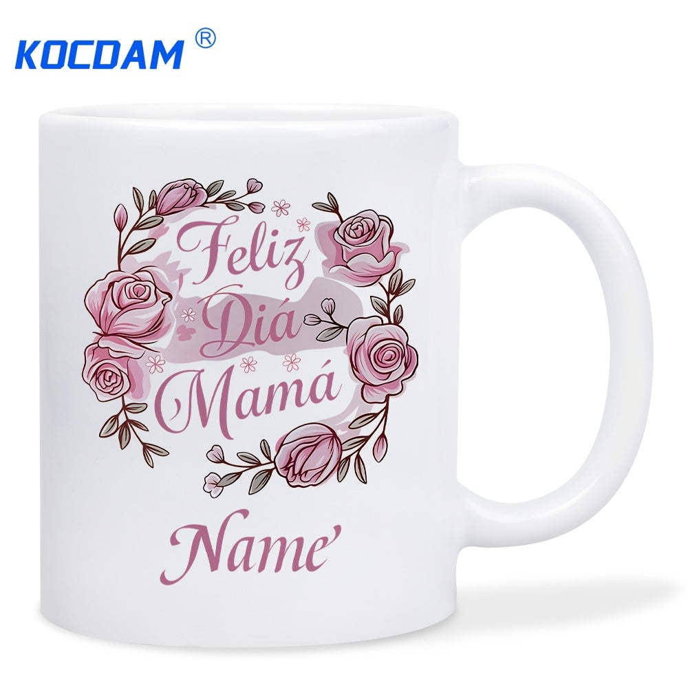 Tailorly White Ceramic 11 oz Mug - Name Delicate Pink Roses Within A Decorative Floral Wreath Arrangement Rose