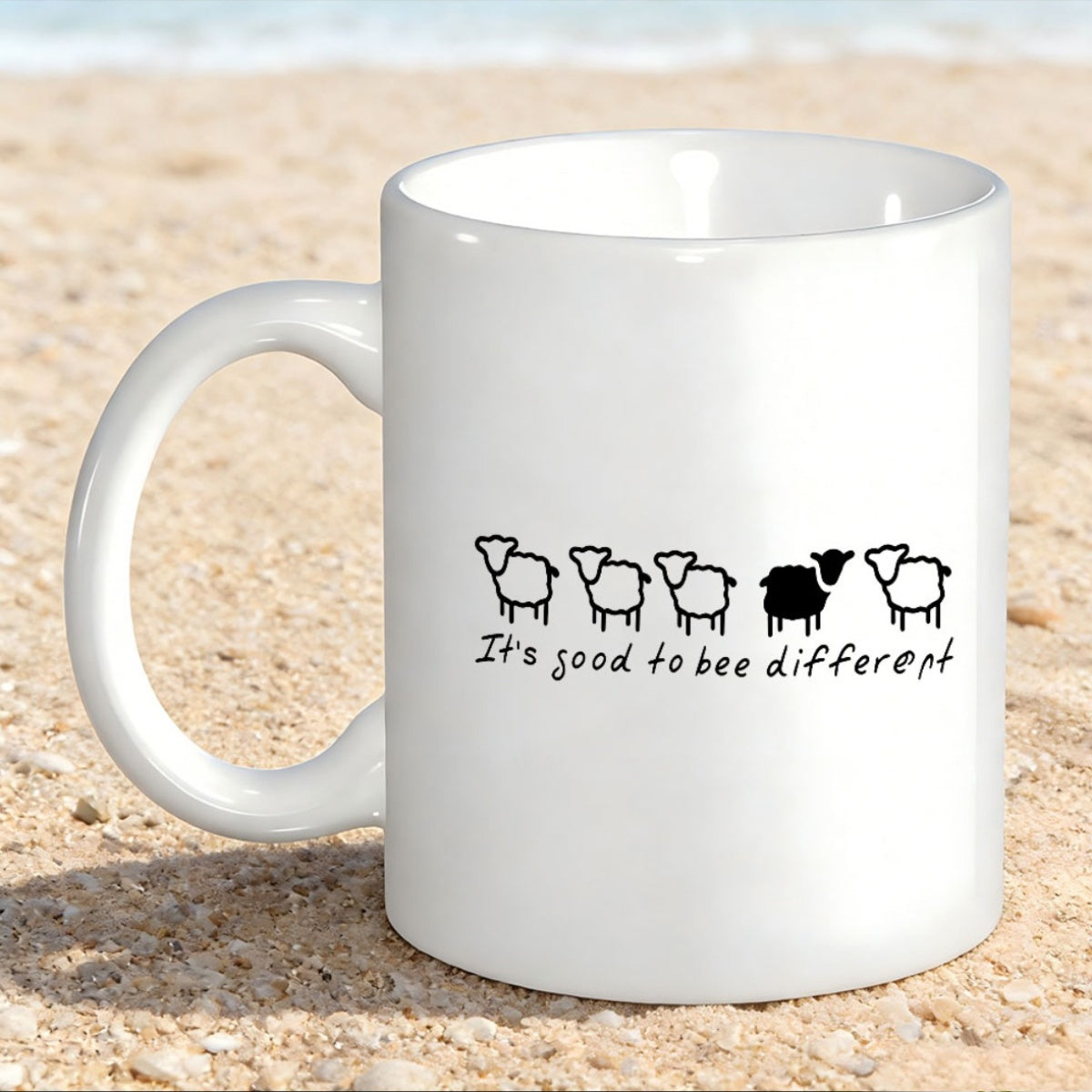 Tailorly White Ceramic 11 oz Mug - Its Good To Be Different Simple Minimalist Line Art Row Featuring One Unique Solid Black Sheep
