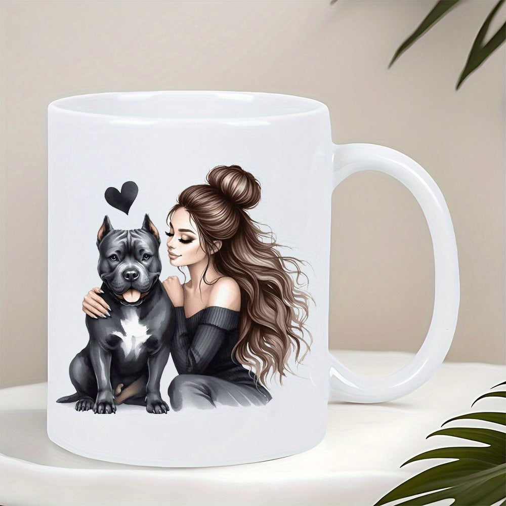 Tailorly White Ceramic 11 oz Mug - Beautiful Girl With Long Hair Hugging Her Faithful Black Pitbull Dog