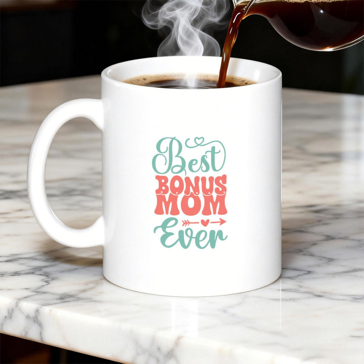Tailorly White Ceramic 11 oz Mug - Best Bonus Mom Ever Heart Arrow Decorative Typography Floating Steam Hot Coffee Mug