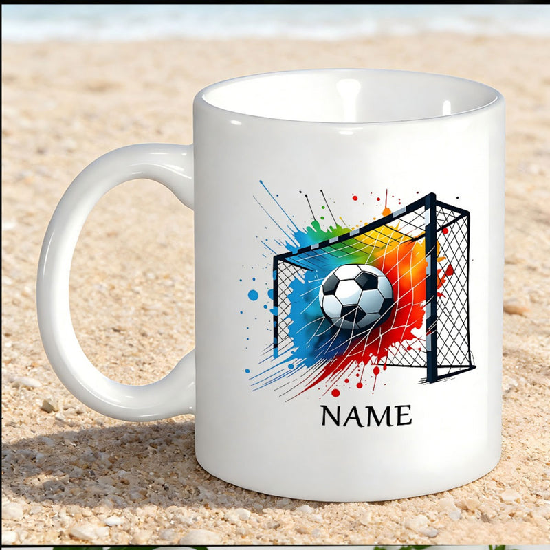 Tailorly White Ceramic 11 oz Mug - Name Dynamic Vibrant Paint Splashes Following A High Speed Flying Soccer Ball