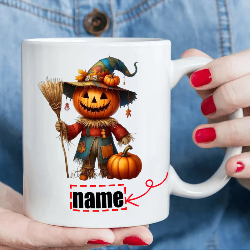Tailorly White Ceramic 11 oz Mug - Name Whimsical Halloween Character Wearing Pointy Witch Hat And Holding Wooden Broom Scarecrow