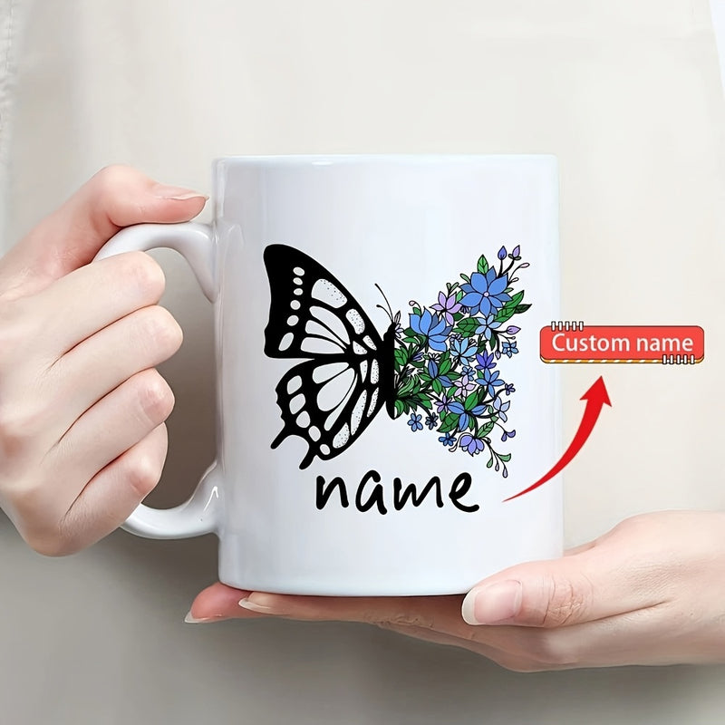 Tailorly White Ceramic 11 oz Mug - Name Artistic Wing Blending With Delicate Blue Wildflowers And Green Leaves Butterfly