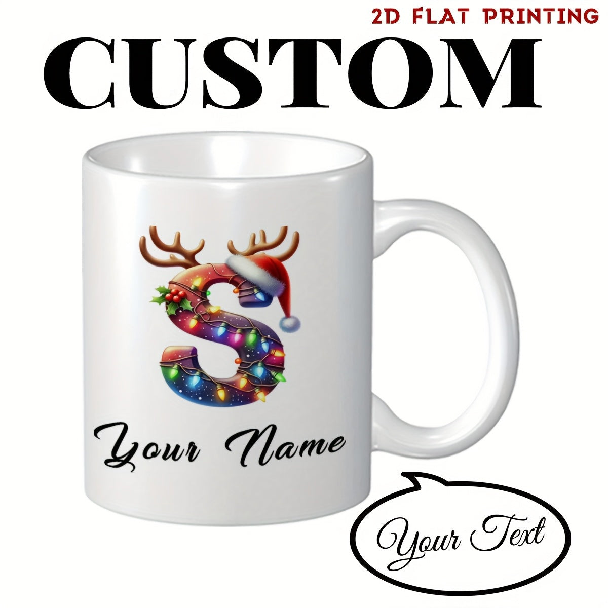 Tailorly White Ceramic 11 oz Mug - Your Name Your Text Festive Letter With Reindeer Antlers And Colorful Twinkle Lights Initial