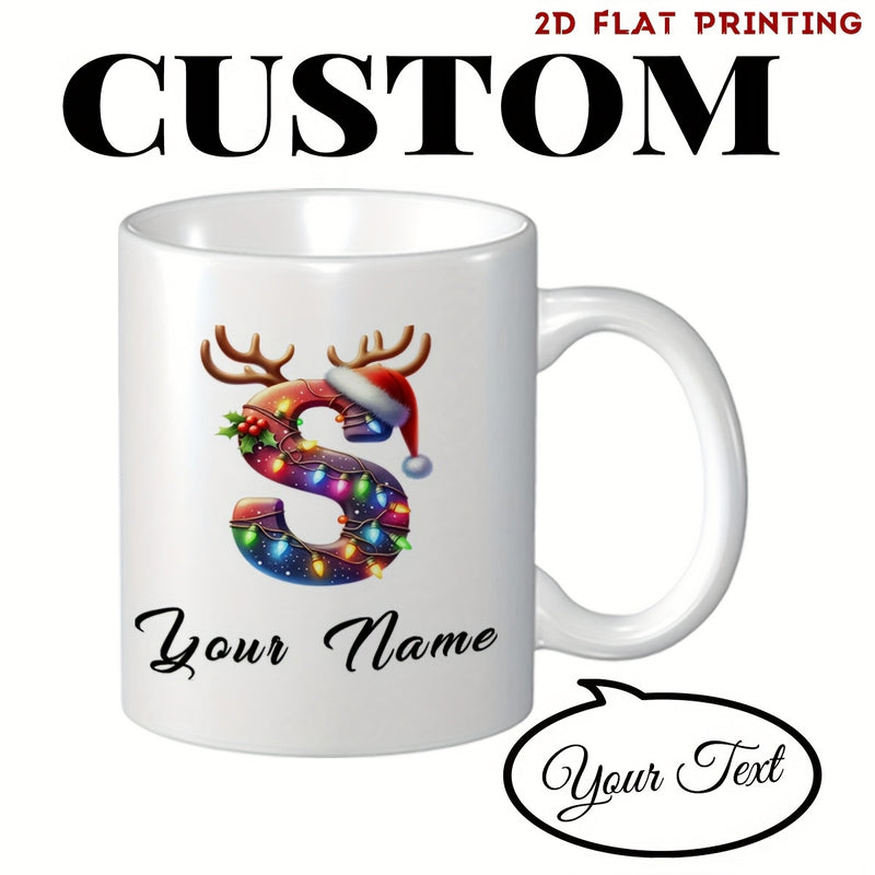 Tailorly White Ceramic 11 oz Mug - Your Name Your Text Festive Letter With Reindeer Antlers And Colorful Twinkle Lights Initial