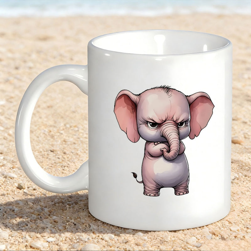 Tailorly White Ceramic 11 oz Mug - Grumpy Little Pink Elephant Standing With Crossed Arms And Angry Expression Elephant