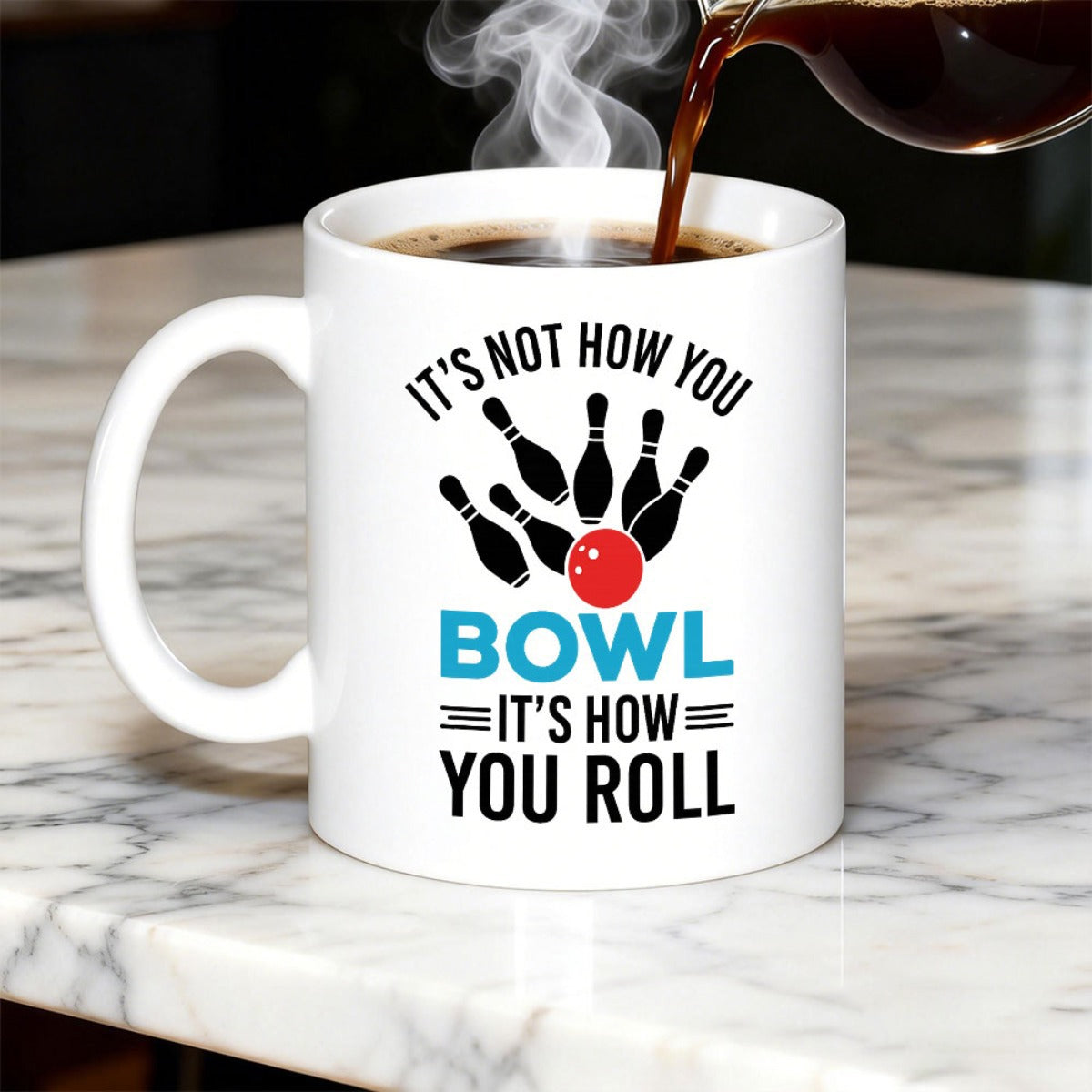 Tailorly White Ceramic 11 oz Mug - Its Not How You Bowl Its How You Roll Scattered Black Bowling Pins Surrounding A Shiny Round Red Ball