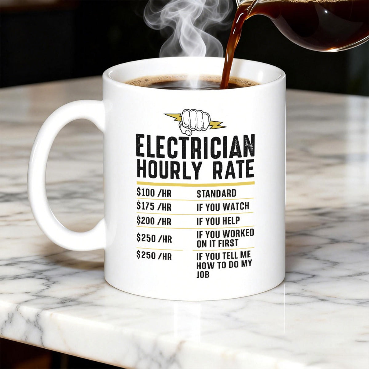 Tailorly White Ceramic 11 oz Mug - Electrician Hourly Rate Strong Powerful Hand Holding A Glowing Yellow Energy Lightning Bolt Fist
