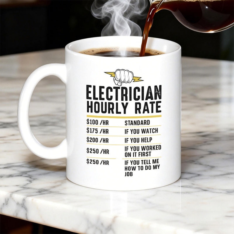 Tailorly White Ceramic 11 oz Mug - Electrician Hourly Rate Strong Powerful Hand Holding A Glowing Yellow Energy Lightning Bolt Fist