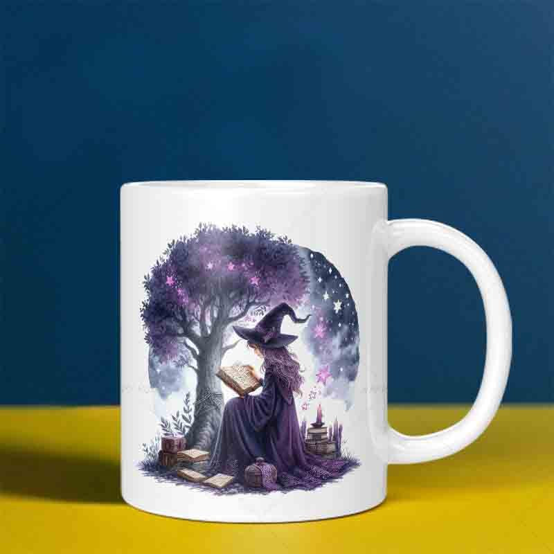 Tailorly White Ceramic 11 oz Mug - Mystical Purple Forest With Glowing Leaves Sheltering A Solitary Reading Witch