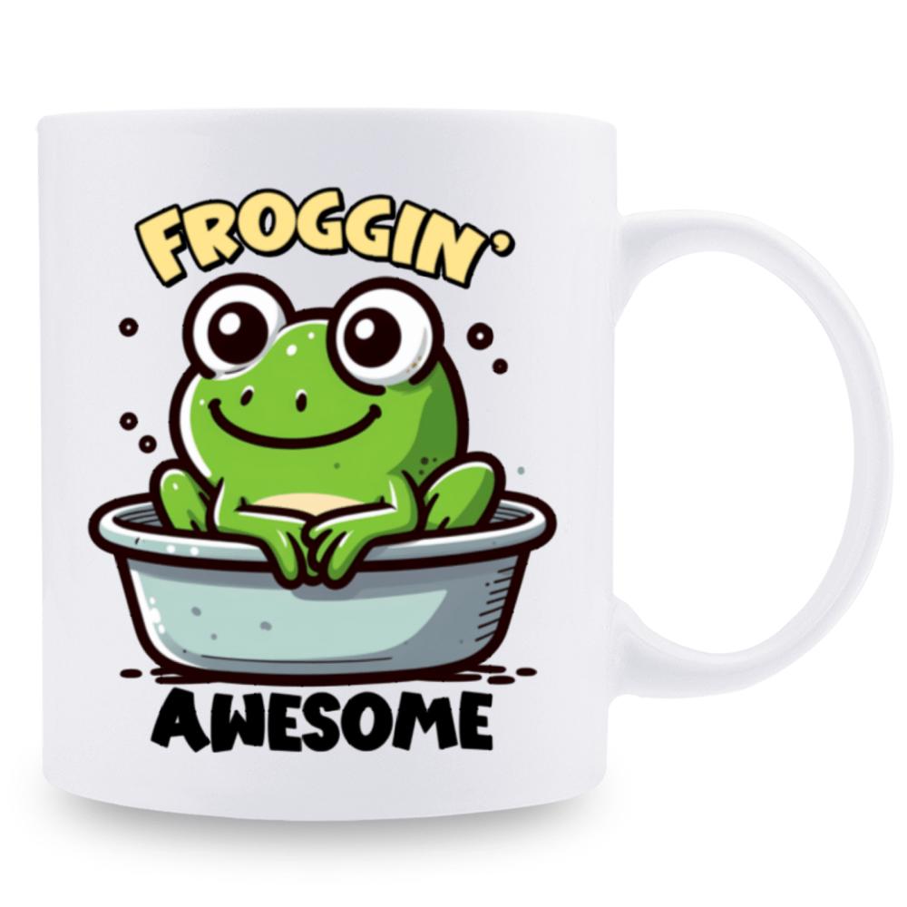 Tailorly White Ceramic 11 oz Mug - Froggin Awesome Happy Little Green Cartoon Creature Relaxing Inside Grey Water Basin Frog