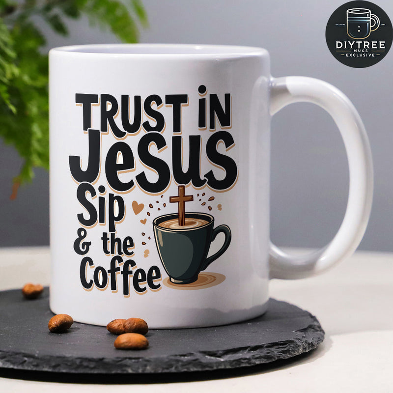 Tailorly White Ceramic 11 oz Mug - Trust In Jesus Sip The Coffee Minimalist Dark Mug With Divine Cross Under Scattered Heart Motifs Coffee Mug