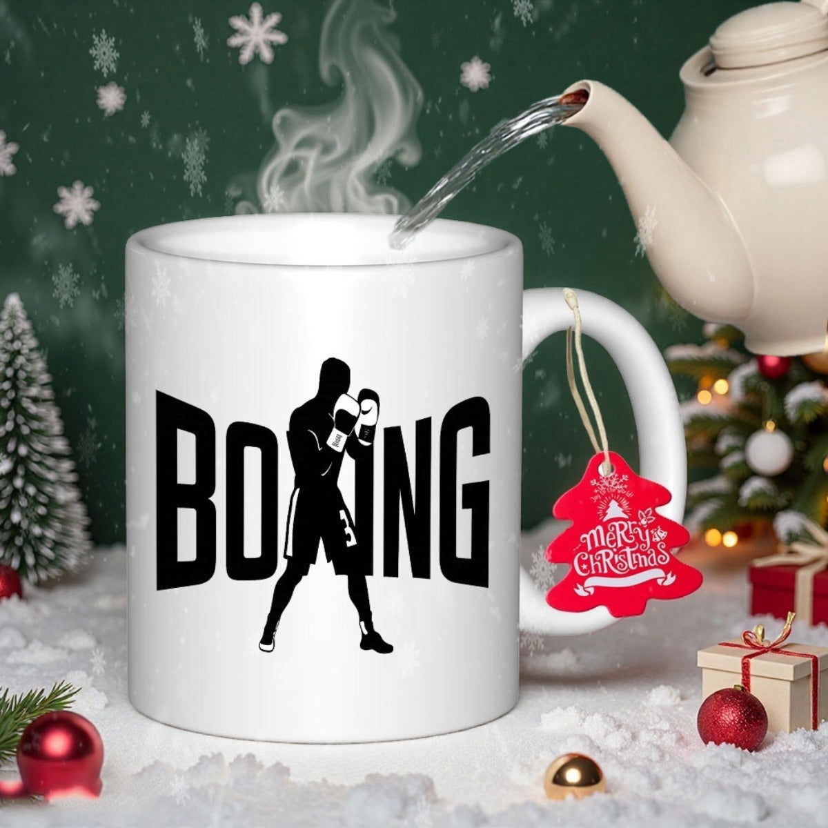Tailorly White Ceramic 11 oz Mug - Boxing Black Silhouette Athlete Posing With Protective Gloves In Strong Combat Stance Boxer