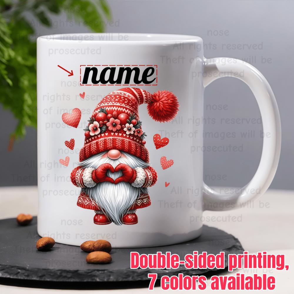 Tailorly White Ceramic 11 oz Mug - Name Festive Red Patterned Hat Gnome Holding Hands In Heart Shape Gnome