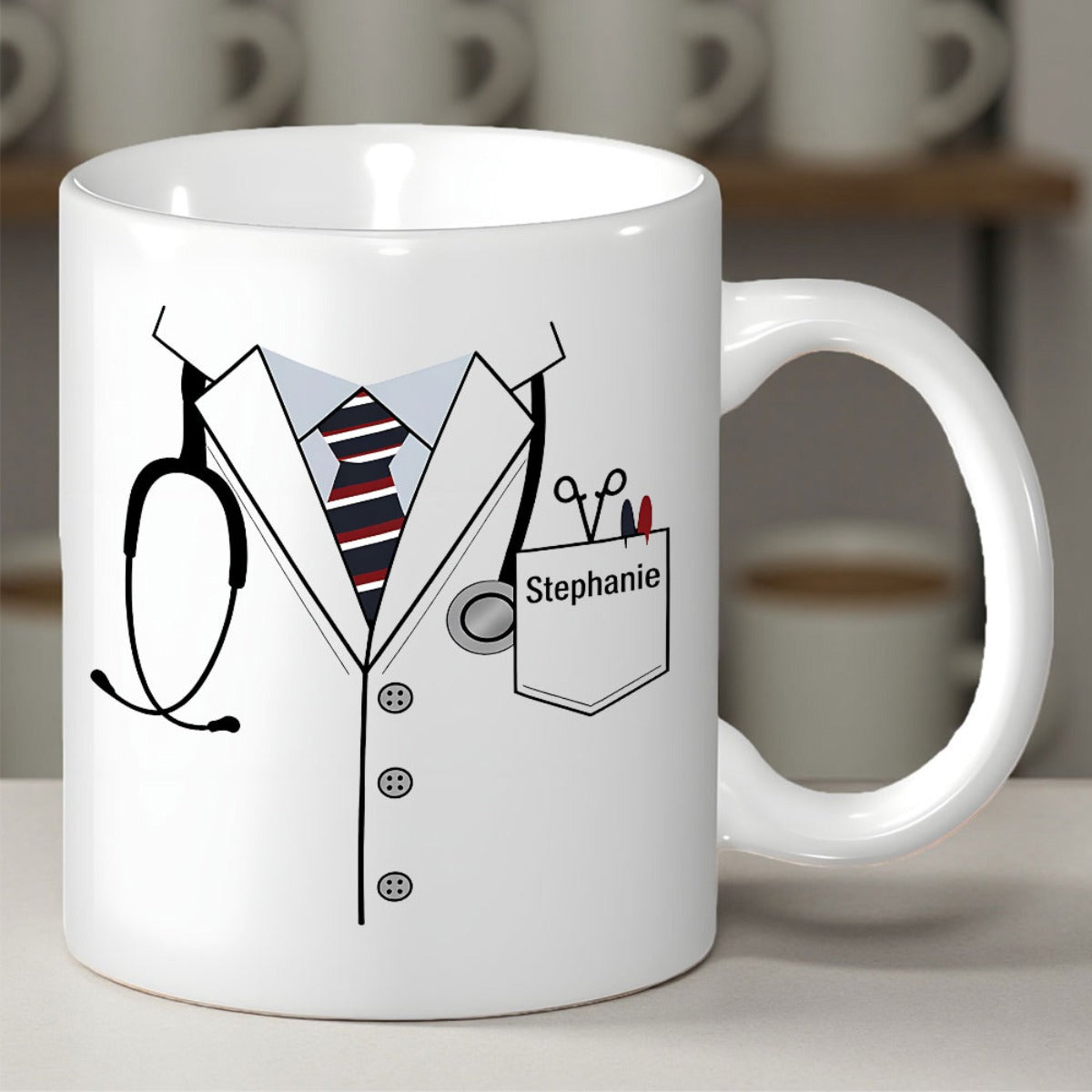 Tailorly White Ceramic 11 oz Mug - Stephanie Professional Medical Lab Coat Featuring Stethoscope And Striped Tie Uniform