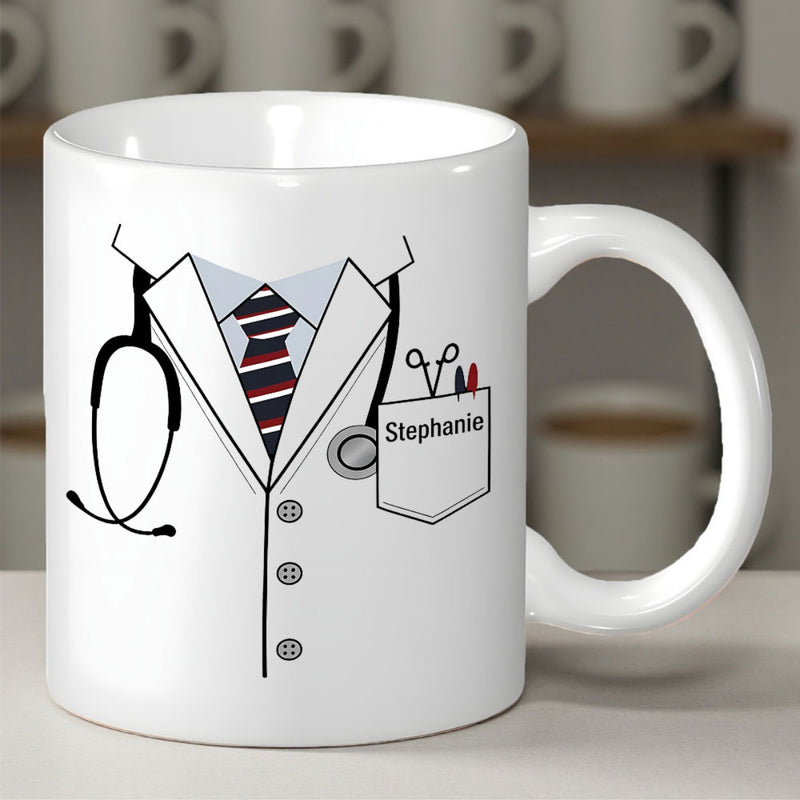 Tailorly White Ceramic 11 oz Mug - Stephanie Professional Medical Lab Coat Featuring Stethoscope And Striped Tie Uniform