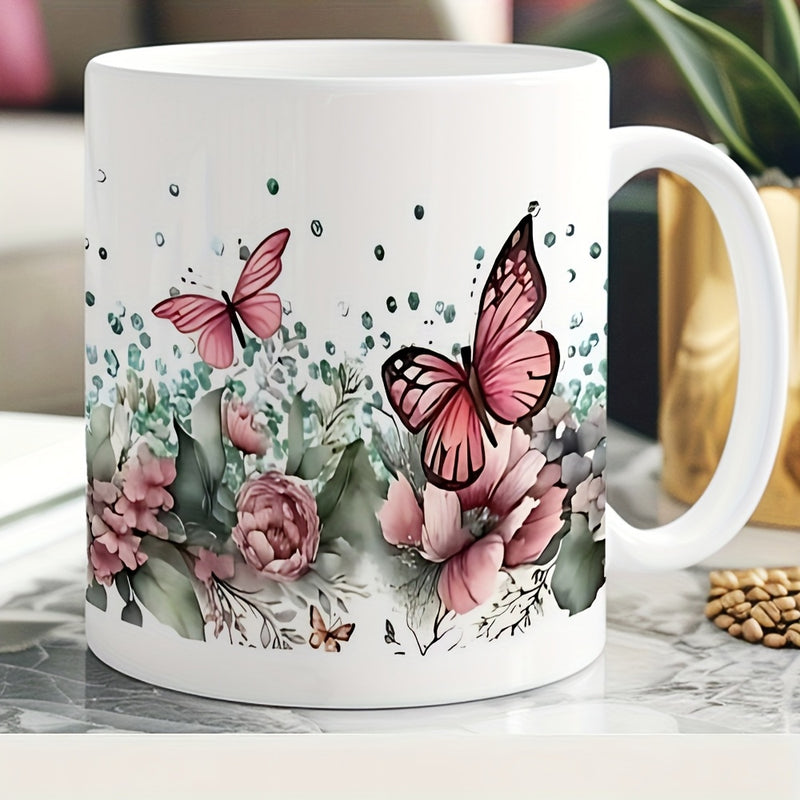 Tailorly White Ceramic 11 oz Mug - Delicate Pink Butterflies Dancing Over Vibrant Watercolor Garden Flowers And Leaves Butterfly
