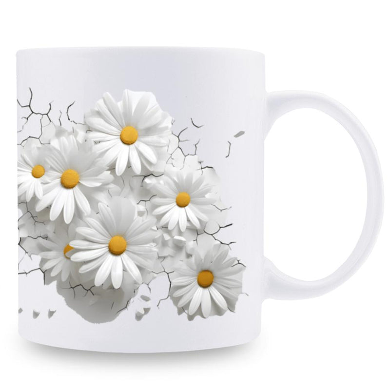 Tailorly White Ceramic 11 oz Mug - Graceful White Daisies Emerging From A Cracked Stone Wall Texture Flower