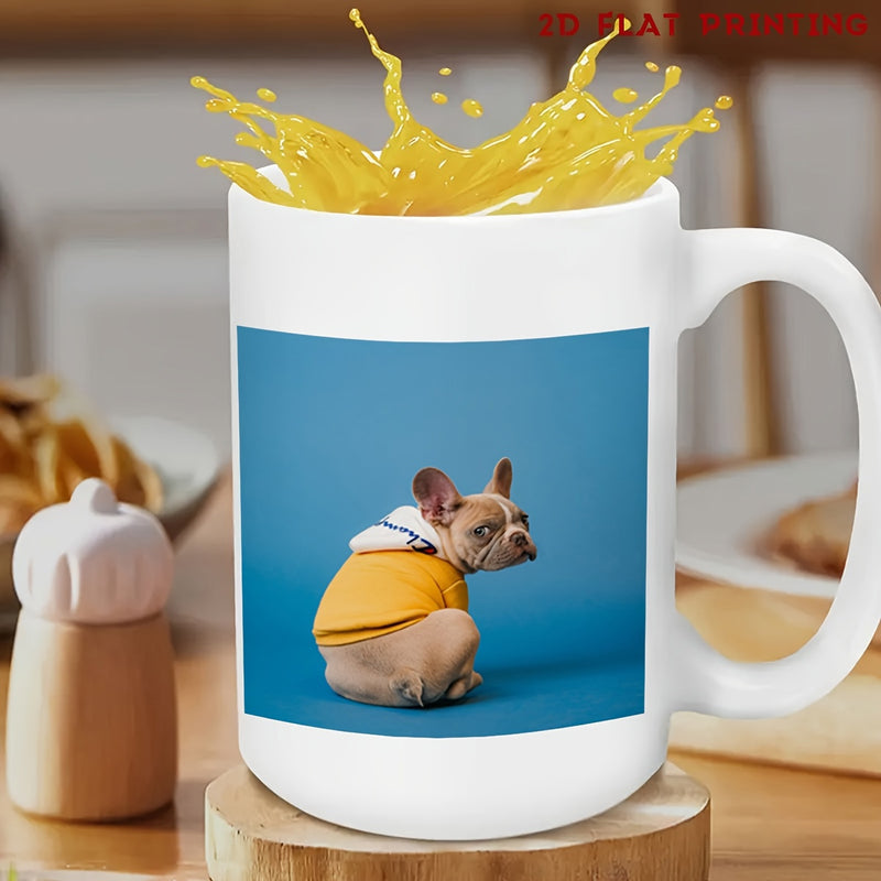 Tailorly White Ceramic 11 oz Mug - Adorable Small Puppy Wearing Bright Yellow Hoodie Looking Back French Bulldog