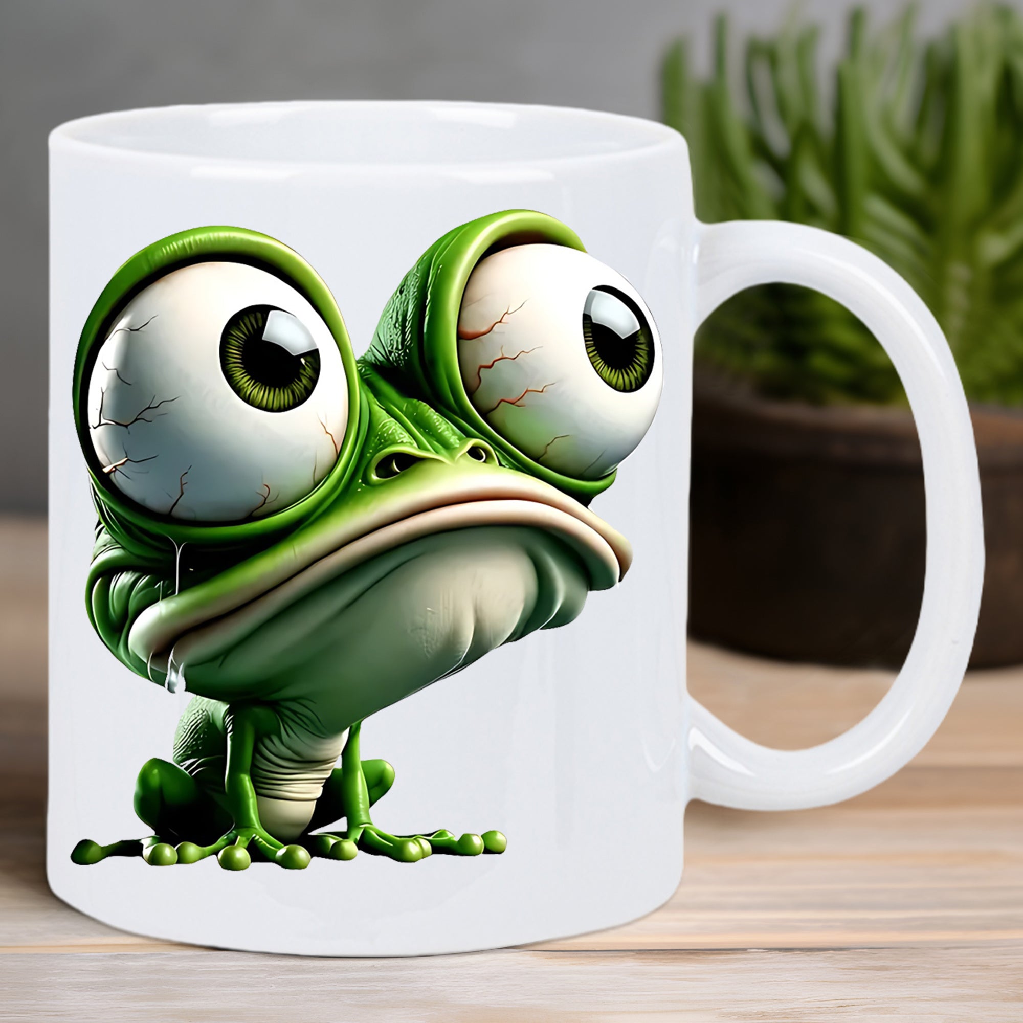 Tailorly White Ceramic 11 oz Mug - Animated Green Frog With Massive Bulging Eyes And Grumpy Sad Expression Frog