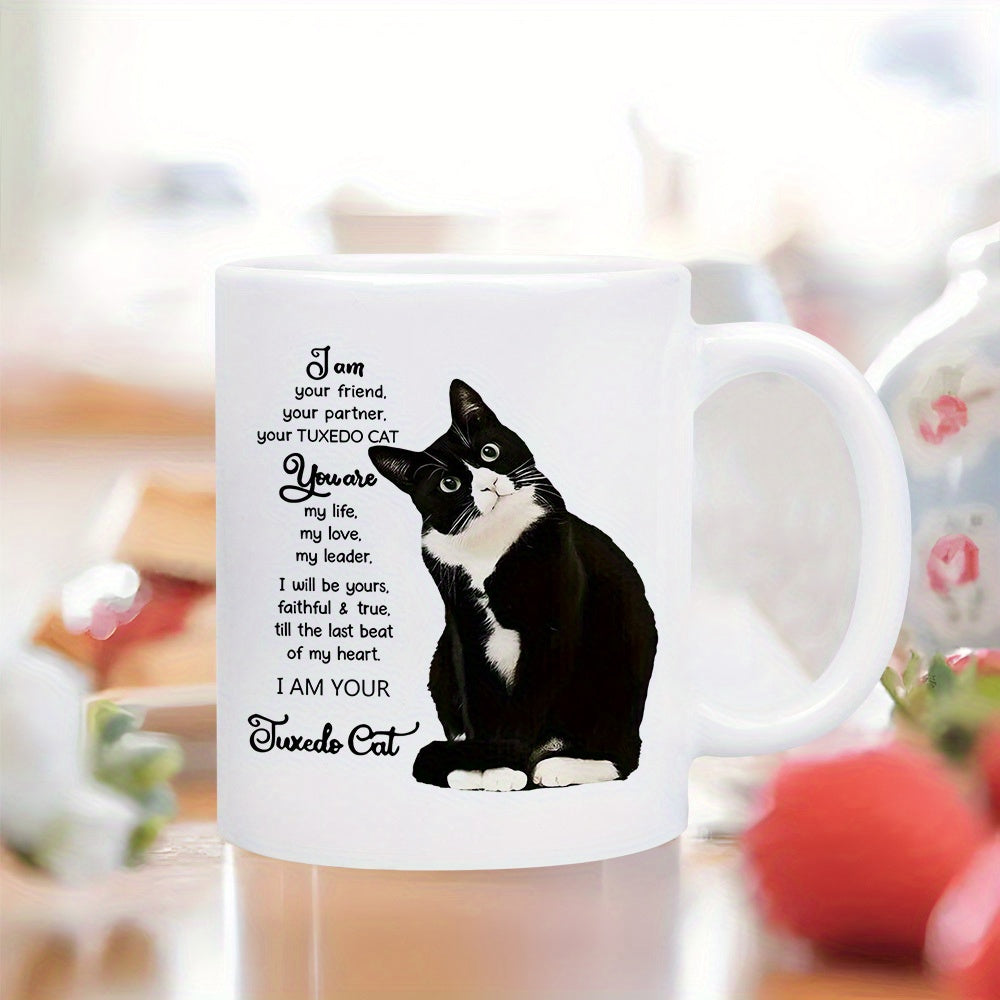 Tailorly White Ceramic 11 oz Mug - I Am Your Friend Your Partner Your Tuxedo Cat Elegant Black And White Feline Sitting With Gentle Attentive Eyes Cat