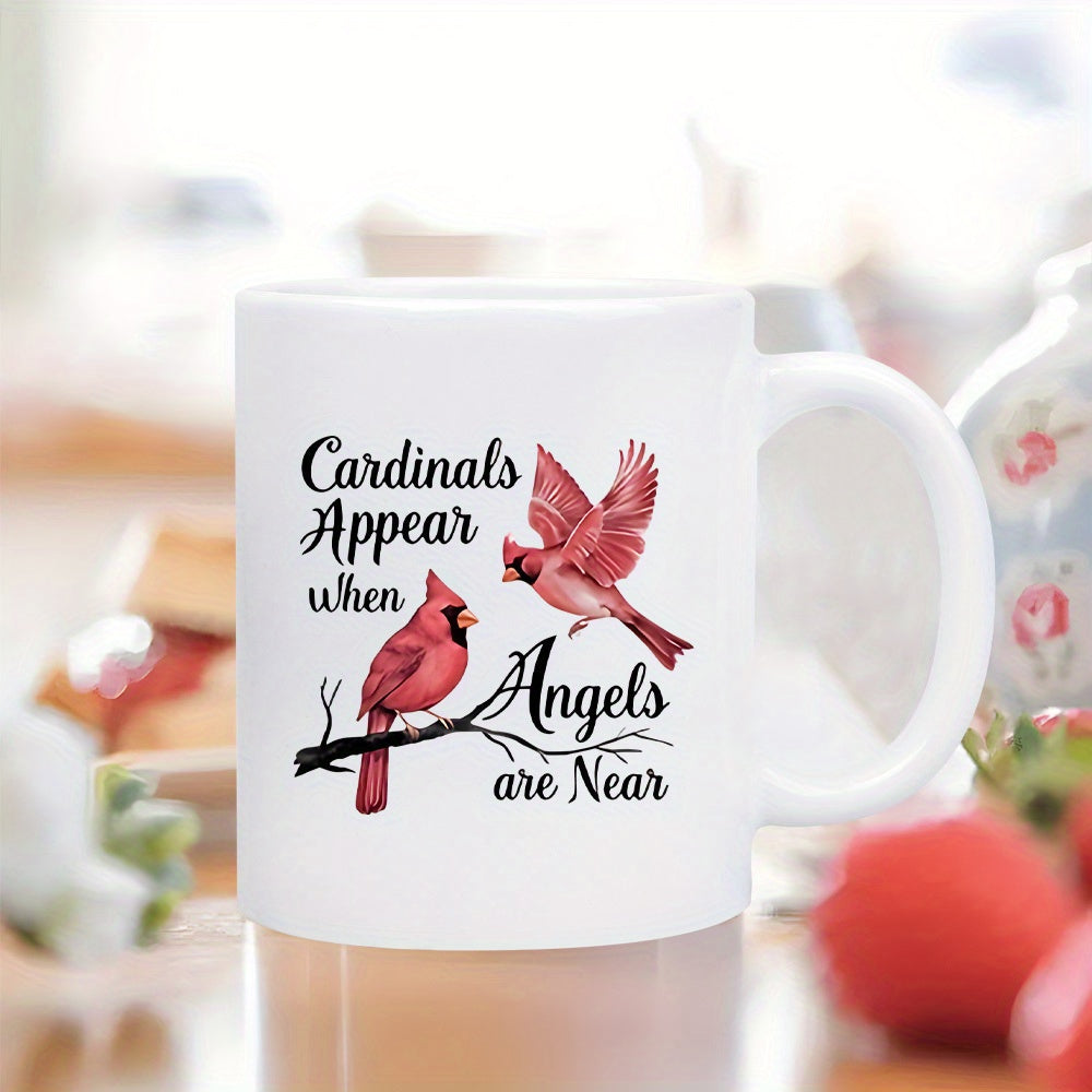 Tailorly White Ceramic 11 oz Mug - Cardinals Appear When Angels Are Near Two Vivid Red Birds Resting On A Branch With Flying Motion Cardinal