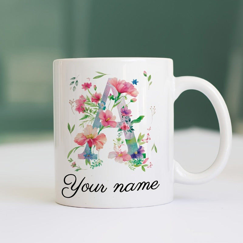 Tailorly White Ceramic 11 oz Mug - Your Name Elegant Watercolor Floral Pattern Decorating A Large Capital A Letter
