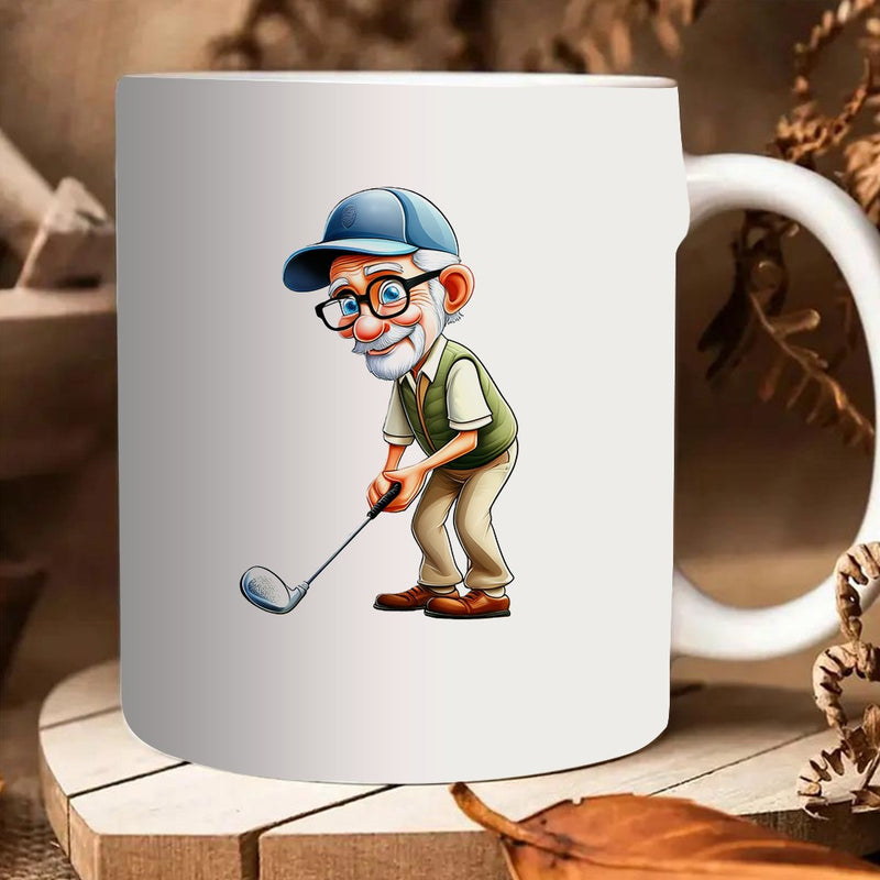 Tailorly White Ceramic 11 oz Mug - Smiling Elderly Gentleman Wearing Blue Cap Holding Club Playing Golf Golfer