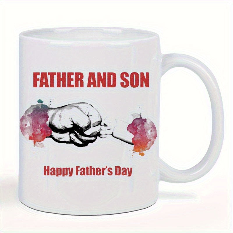 Tailorly White Ceramic 11 oz Mug - Father And Son Happy Fathers Day Artistic Watercolor Splashes Surrounding A Powerful Connecting Detailed Emotional Fist