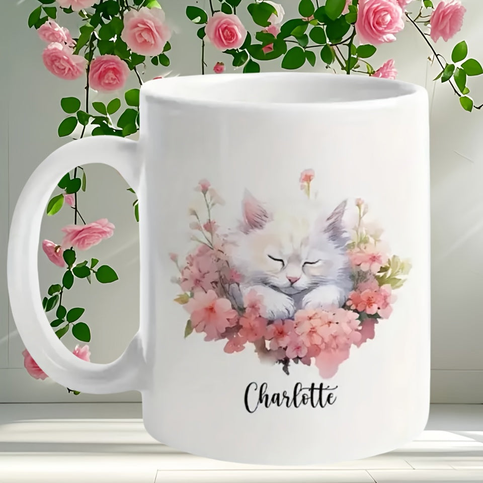 Tailorly White Ceramic 11 oz Mug - Charlotte Sweet White Fluffy Kitten Resting Peacefully Within Blooming Soft Pink Flowers Cat