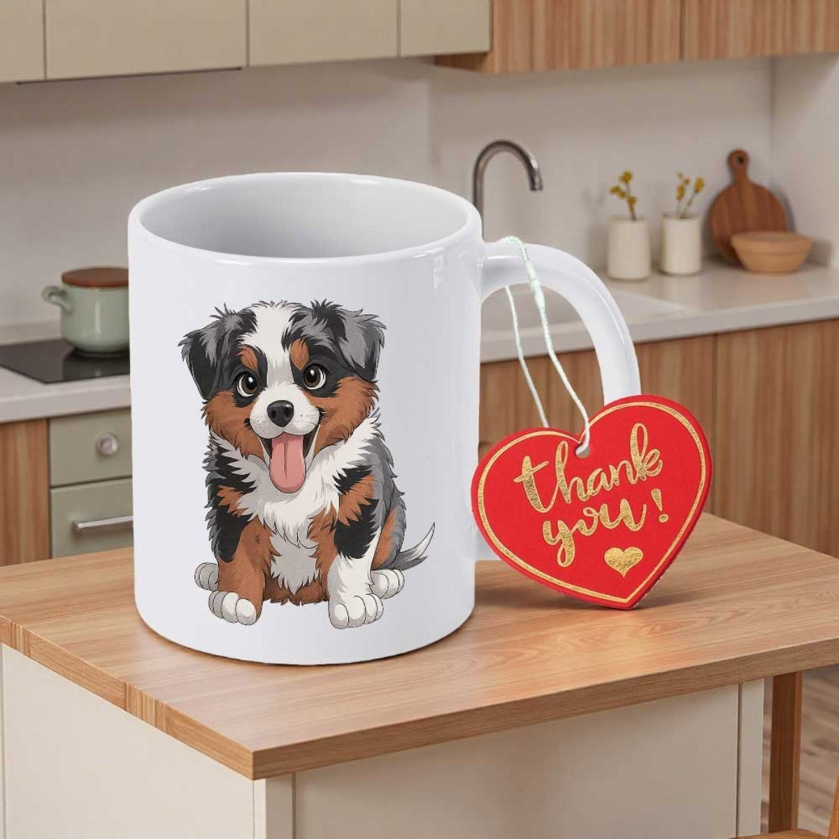 Tailorly White Ceramic 11 oz Mug - Thank You Cute Cartoon Sitting Australian Shepherd With Big Eyes And Tongue Puppy