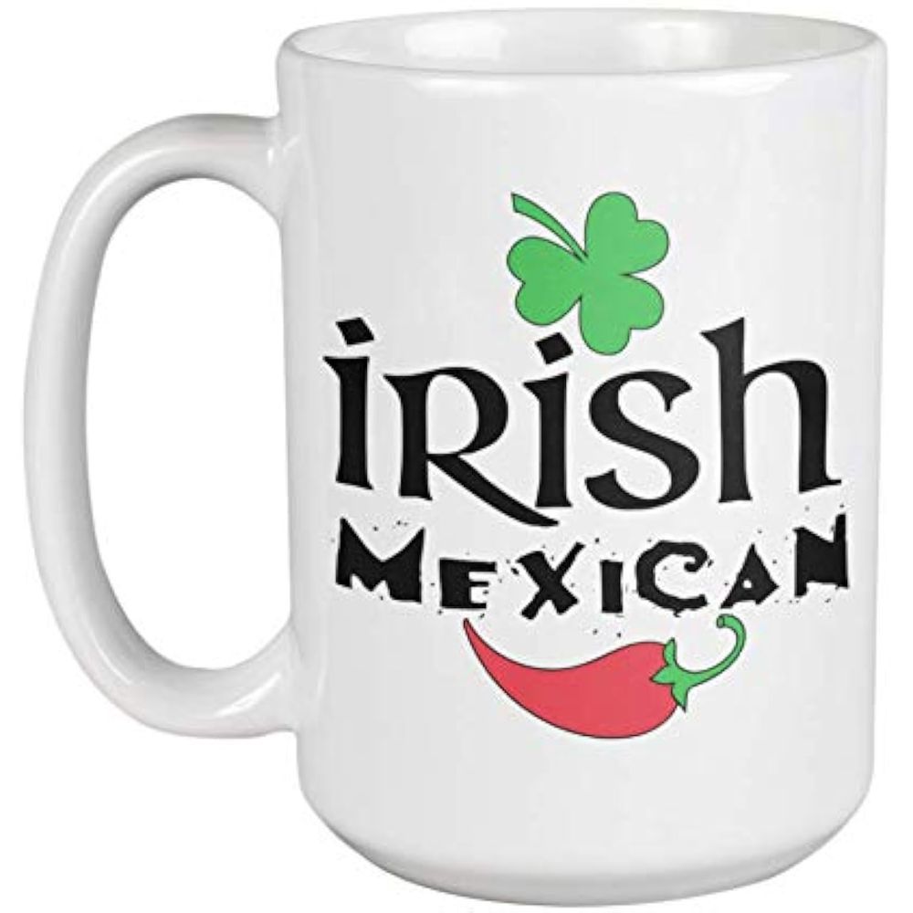 Tailorly White Ceramic 11 oz Mug - Irish Mexican Vibrant Green Shamrock Hovering Over Spicy Red Chili Design