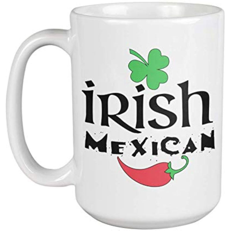 Tailorly White Ceramic 11 oz Mug - Irish Mexican Vibrant Green Shamrock Hovering Over Spicy Red Chili Design