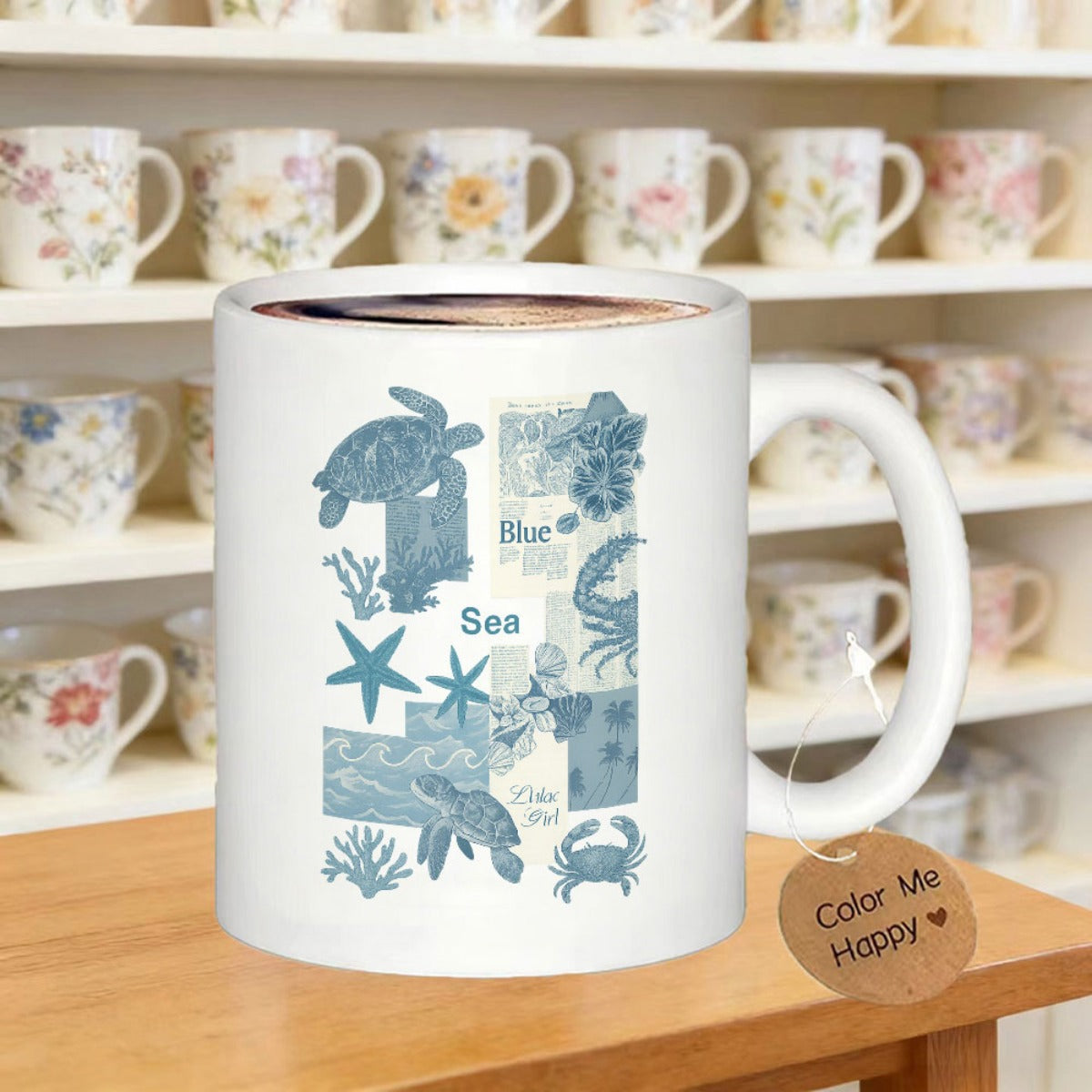 Tailorly White Ceramic 11 oz Mug - Sea Artistic Nautical Marine Life Patterns Featuring Swimming Starfish And Blue Crabs Turtle