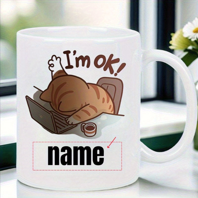 Tailorly White Ceramic 11 oz Mug - Im Ok Name Tired Orange Cat Lying Face Down On Office Desk With Computer Cat