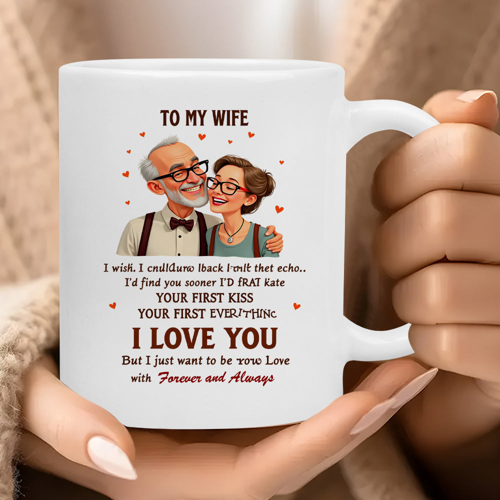 Tailorly White Ceramic 11 oz Mug - To My Wife I Love You Forever And Always Cartoon Elderly Couple With Glasses Surrounded By Small Red Floating Hearts