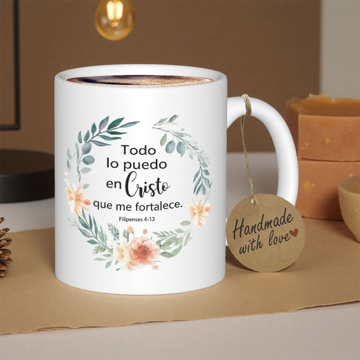 Tailorly White Ceramic 11 oz Mug - Handmade With Love Soft Watercolor Florals With Green Leaves Arranged In A Circular Wreath