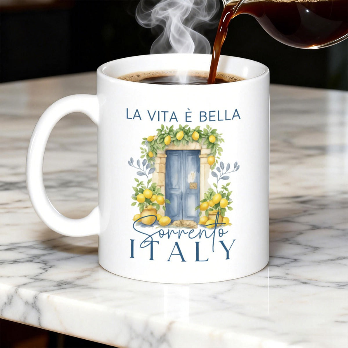 Tailorly White Ceramic 11 oz Mug - Sorrento Italy Rustic Mediterranean Blue Door With Ripe Lemons And Green Foliage Door