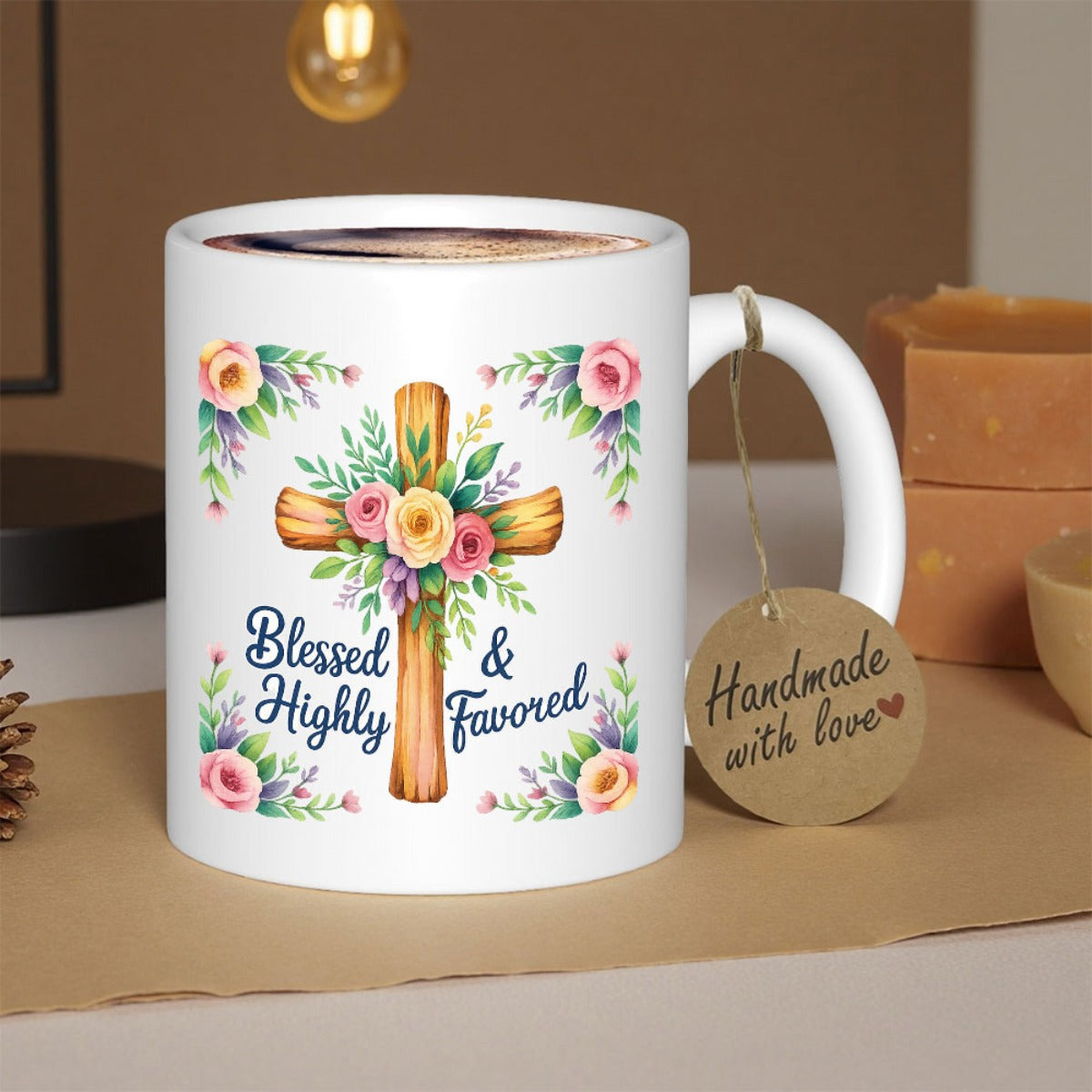 Tailorly White Ceramic 11 oz Mug - Blessed Highly Favored Vintage Wooden Texture With Colorful Watercolor Flowers And Green Leaves Cross