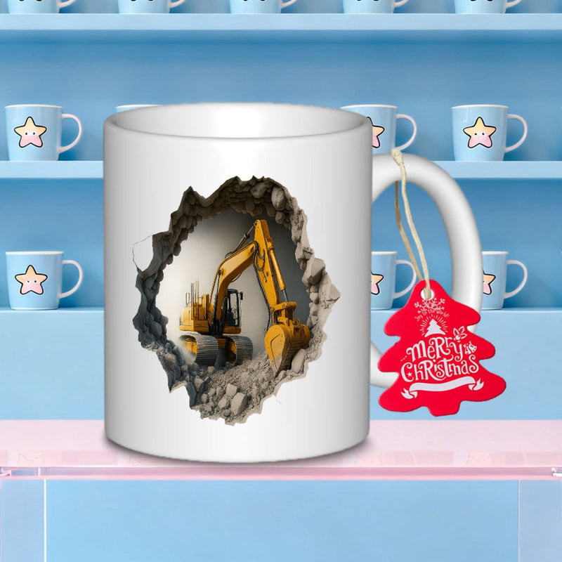 Tailorly White Ceramic 11 oz Mug - Realistic Yellow Construction Machine Emerging From A Distressed Concrete Wall Excavator